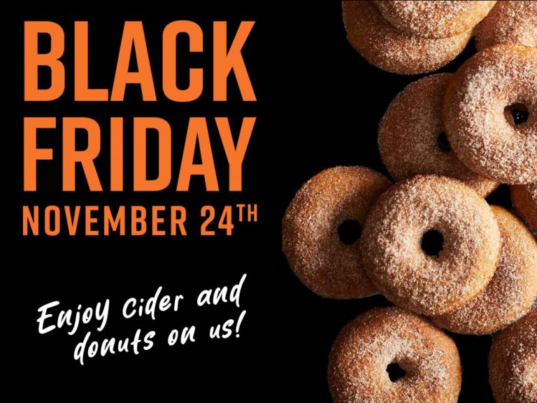 Image of cinnamon donuts. Black Friday November 24th, Enjoy cider and donuts on us!