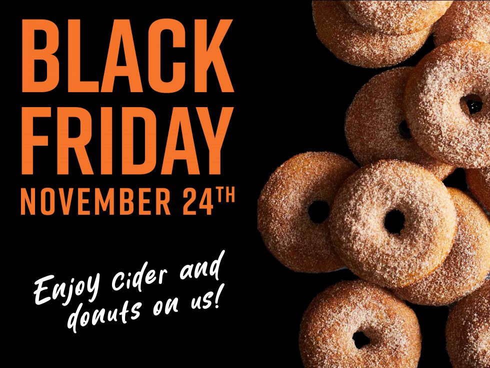 Image of cinnamon donuts. Black Friday November 24th, Enjoy cider and donuts on us!