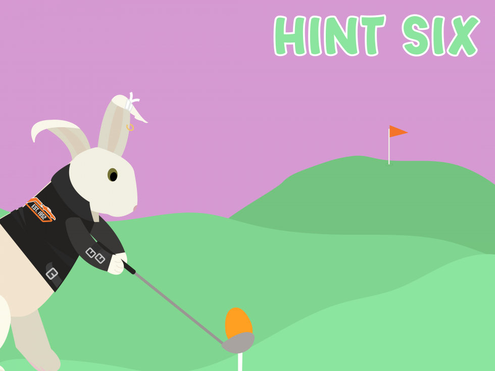 Image is labeled Hint Six. Image shows a rabbit golfing with a easter egg.