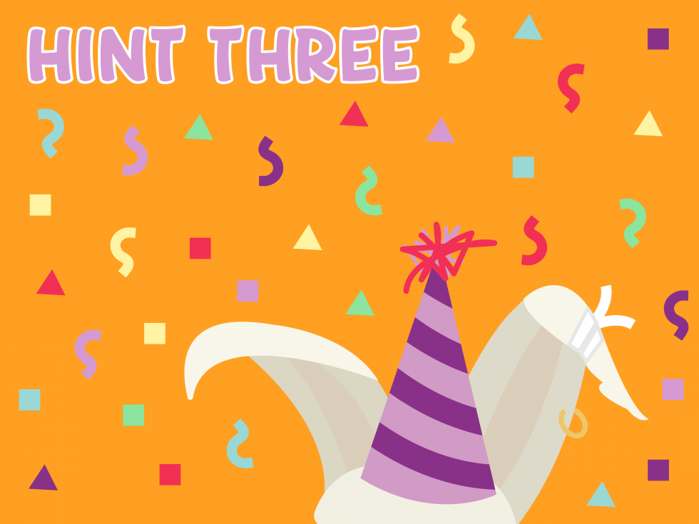 Top left is a text labeled Hint Three. Below is a cropped view of a rabbit head wearing a party hat. The background has confetti.