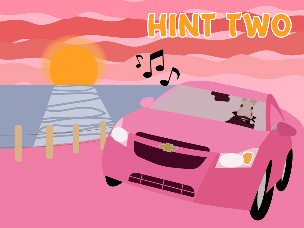 Rabbit driving a pink Chevy. Music notes is coming out of of the corn on the left side. The background is of a sun setting over the ocean.