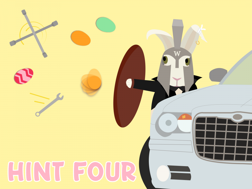 Rabbit wearing an armor headpiece and holding a shield with his left hand. He shields himself from objects being thrown and hiding behind a car. The word on the image says Hint Four.