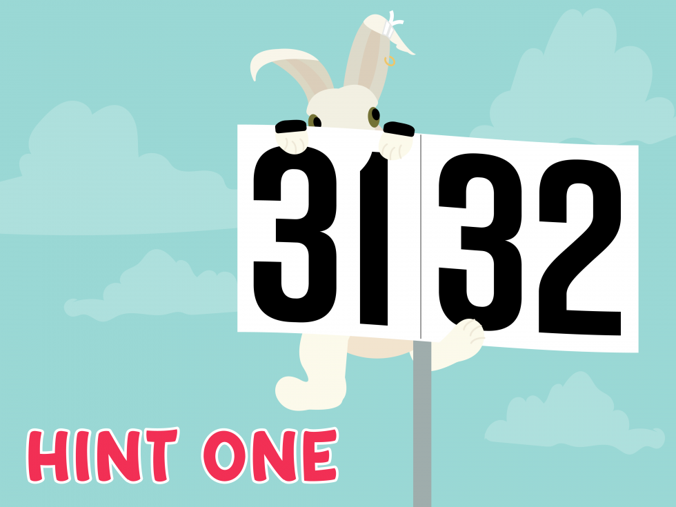 Rabbit hanging off a 3132 sign. Lower left of the image shows text labeled Hint One